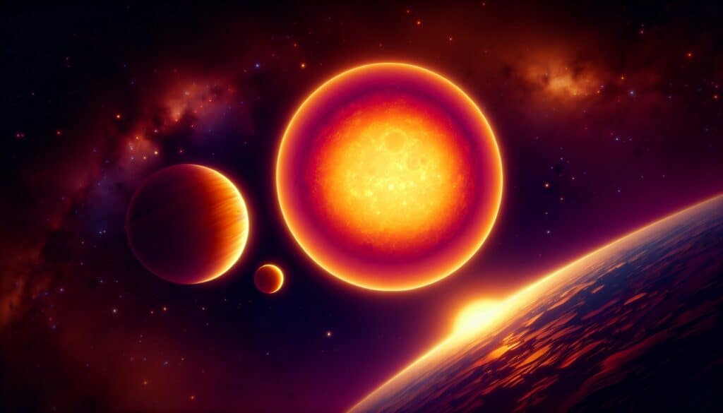 A stunning cosmic scene featuring a massive glowing sun with intense orange and yellow hues, accompanied by three orbiting planets. The perspective is from the surface of another celestial body, with its curved horizon bathed in warm light. The deep-space background is filled with stars and nebulae.