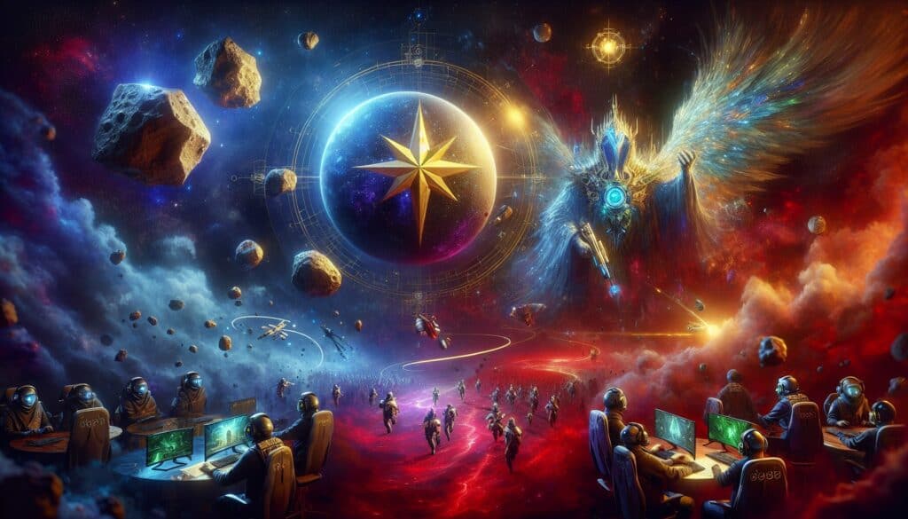 A futuristic battlefield set in deep space, where armored warriors charge beneath a celestial guardian with glowing wings. Tactical commanders at computer stations oversee the intergalactic conflict.