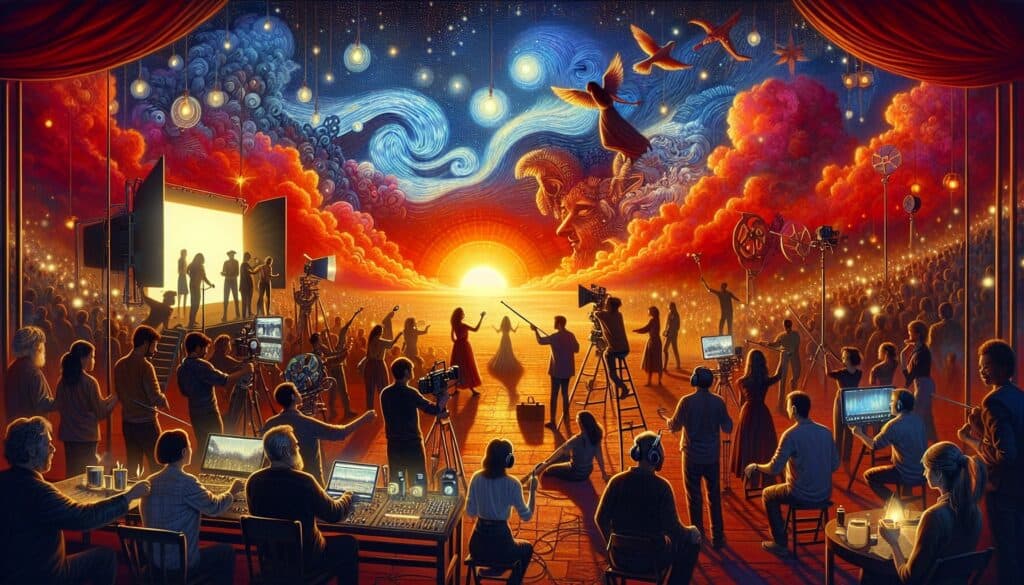 A grand theatrical production set at sunset, blending filmmaking, live performance, and surreal celestial elements. A film crew and audience surround a glowing stage where actors perform against a swirling Van Gogh-like sky.