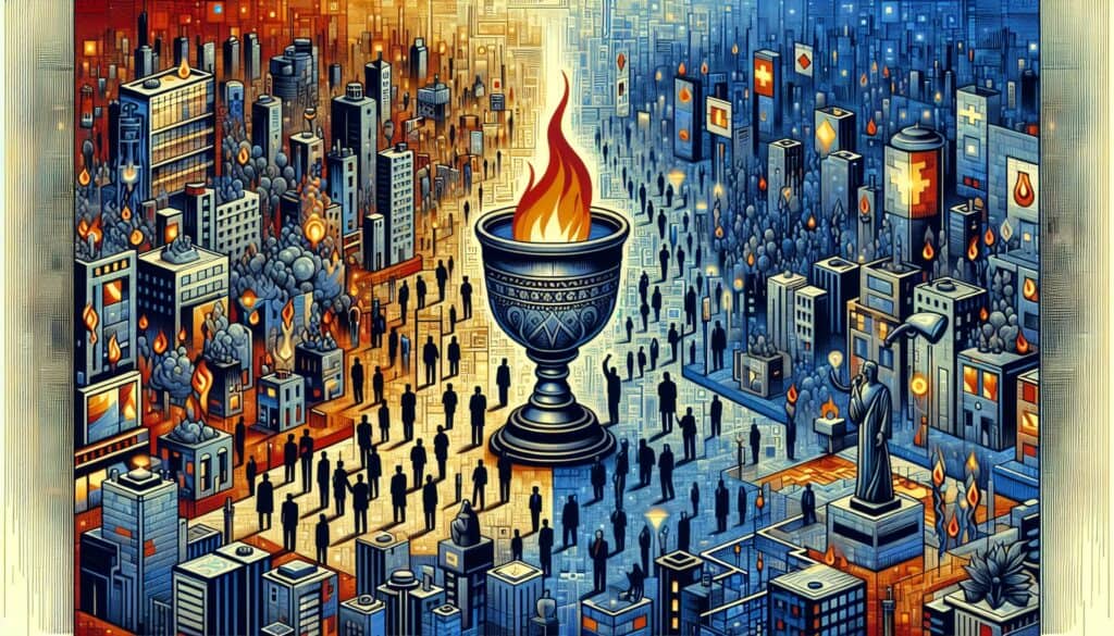 A large ornate chalice with a roaring flame stands at the center of a divided city, one half bathed in warm orange hues, the other in cool blue tones, with silhouetted figures moving through both sides.