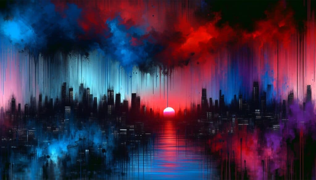A futuristic city skyline at sunset, painted in an abstract expressionist style with vivid red and blue hues dripping into the skyline. The sun sets over a reflective body of water, casting a dramatic contrast between the dark buildings and the swirling, energetic sky.