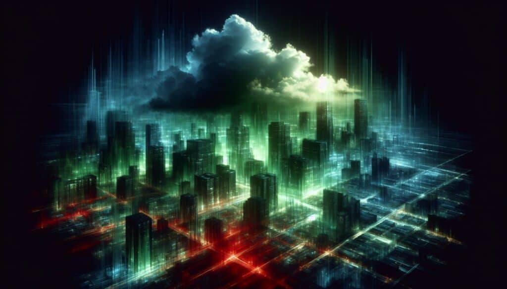 A futuristic cityscape illuminated by glowing green and red digital energy, with a looming storm cloud hovering above the skyline.